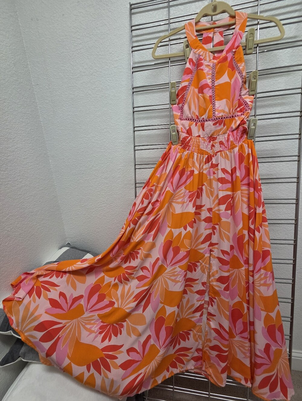 ATL Bright Floral Halter Maxi Dress in Pink & Orange